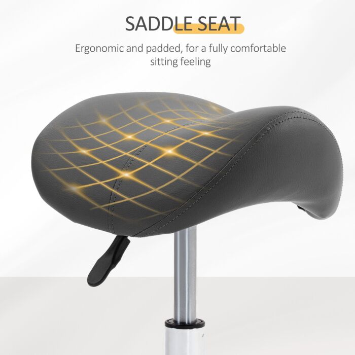 Homcom Saddle Stool, Pu Leather Adjustable Rolling Salon Chair With Steel Frame For Massage, Spa, Beauty And Tattoo, Grey
