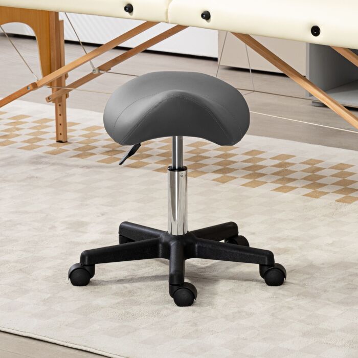 Homcom Saddle Stool, Pu Leather Adjustable Rolling Salon Chair With Steel Frame For Massage, Spa, Beauty And Tattoo, Grey