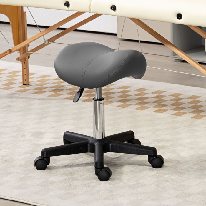 Homcom Saddle Stool, Pu Leather Adjustable Rolling Salon Chair With Steel Frame For Massage, Spa, Beauty And Tattoo, Grey