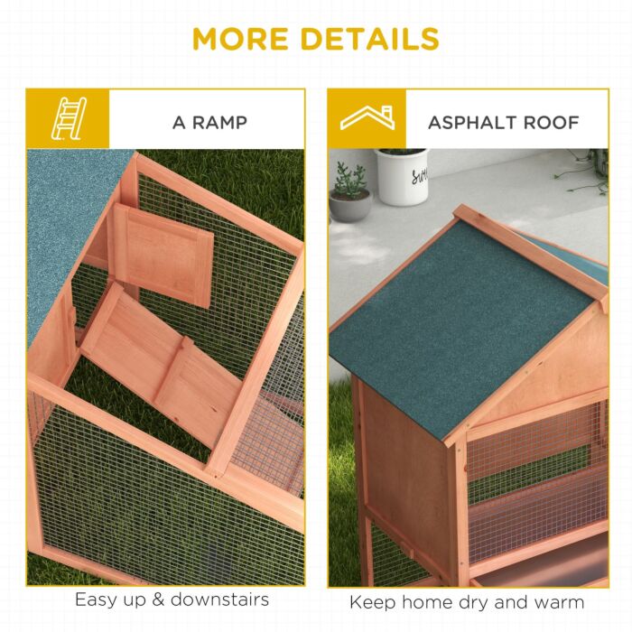 Pawhut 2 Tier Rabbit Cage, Solid Wood Bunny House, Water Resistant Asphalt Roof Ramp Sliding Tray 144 X 64.5 X 100 Cm Red/brown