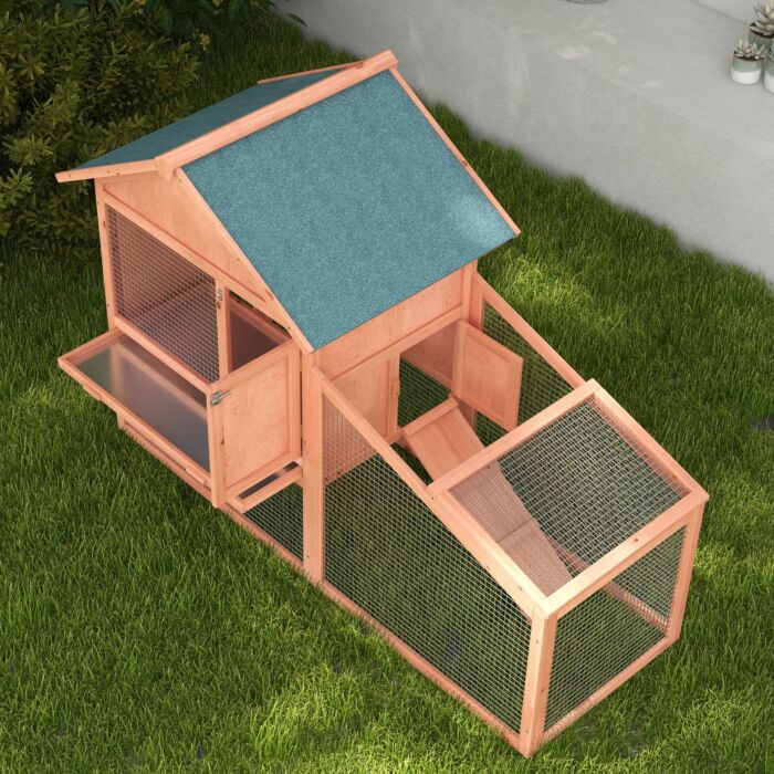 Pawhut 2 Tier Rabbit Cage, Solid Wood Bunny House, Water Resistant Asphalt Roof Ramp Sliding Tray 144 X 64.5 X 100 Cm Red/brown