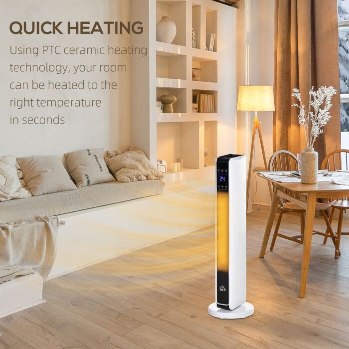 Homcom Oscillating Ceramic Tower Heater, Space Heater With Remote Control, 8h Timer, Tip-over & Overheat Protect, 1000w/2000w