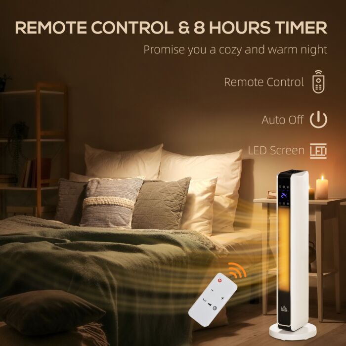 Homcom Oscillating Ceramic Tower Heater, Space Heater With Remote Control, 8h Timer, Tip-over & Overheat Protect, 1000w/2000w