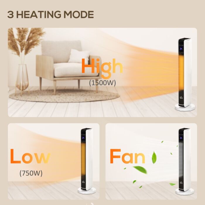Homcom Oscillating Ceramic Tower Heater, Space Heater With Remote Control, 8h Timer, Tip-over & Overheat Protect, 1000w/2000w