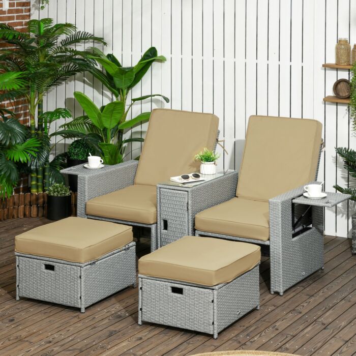 Outsunny 5pc Pe Rattan Sun Lounger, Outdoor Wicker 5-level Adjustable Recliner Sofa Bed With Storage Side Table Footstools, Beige