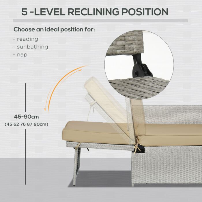 Outsunny 5pc Pe Rattan Sun Lounger, Outdoor Wicker 5-level Adjustable Recliner Sofa Bed With Storage Side Table Footstools, Beige