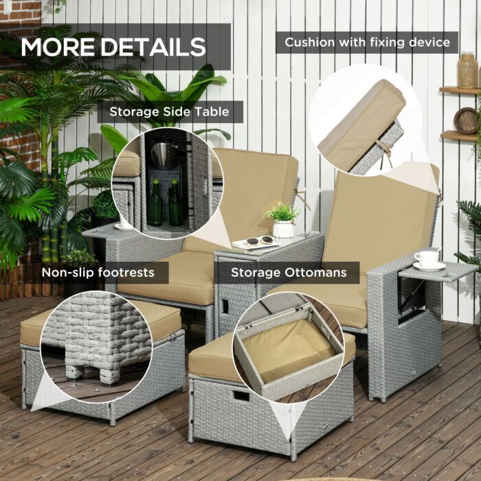 Outsunny 5pc Pe Rattan Sun Lounger, Outdoor Wicker 5-level Adjustable Recliner Sofa Bed With Storage Side Table Footstools, Beige