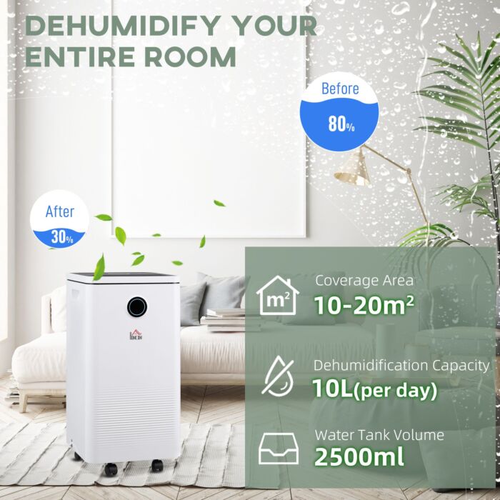 Homcom 10l/day 2500ml Portable Quiet Dehumidifier With Wifi Smart App Control, Electric Moisture Air Dehumidifier