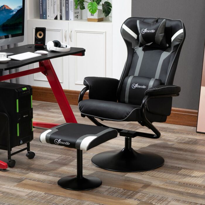 Vinsetto 2 Pieces Video Game Chair And Footrest Set Racing Style Recliner W/headrest, Lumbar Support Reeling Backrest Pedestal Base Black Deep Grey