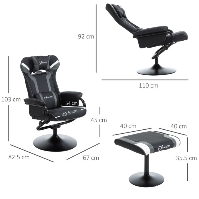 Vinsetto 2 Pieces Video Game Chair And Footrest Set Racing Style Recliner W/headrest, Lumbar Support Reeling Backrest Pedestal Base Black Deep Grey