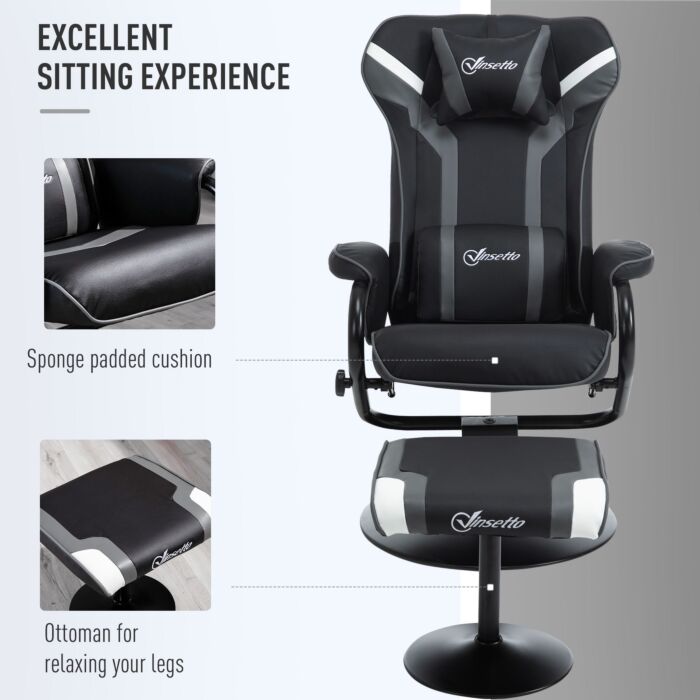 Vinsetto 2 Pieces Video Game Chair And Footrest Set Racing Style Recliner W/headrest, Lumbar Support Reeling Backrest Pedestal Base Black Deep Grey