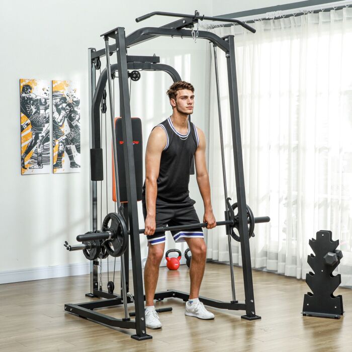 Sportnow 3 In 1 Smith Machine With Dual Cable Pulley System, Chest Press Station, 17-level Squat Rack And Barbell Bar