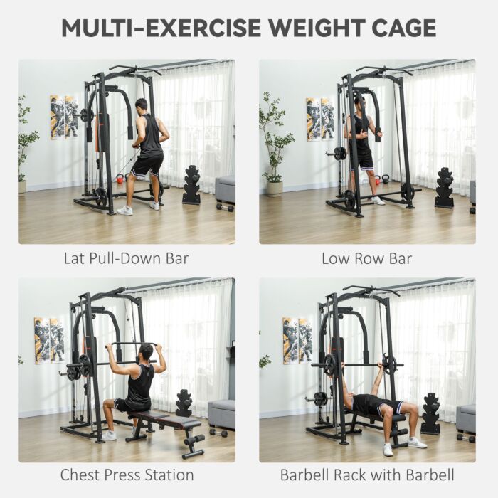 Sportnow 3 In 1 Smith Machine With Dual Cable Pulley System, Chest Press Station, 17-level Squat Rack And Barbell Bar