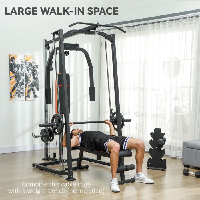 Sportnow 3 In 1 Smith Machine With Dual Cable Pulley System, Chest Press Station, 17-level Squat Rack And Barbell Bar
