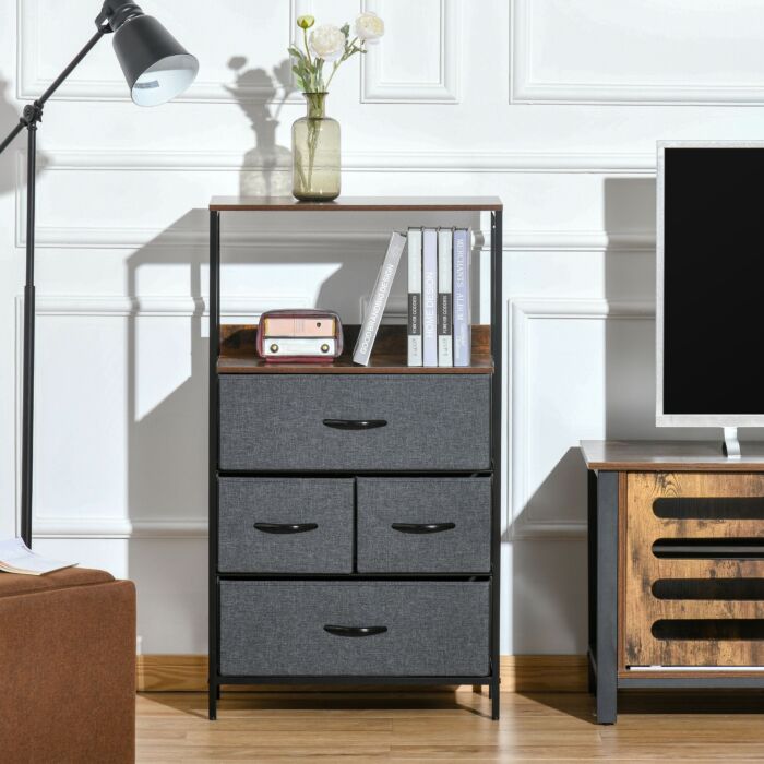 Homcom Storage Chest, Drawers Bedroom Unit Storage Cabinet With 4 Fabric Bins, Bedroom And Entryway, Black