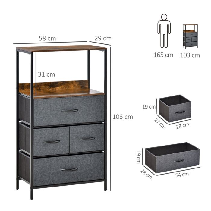 Homcom Storage Chest, Drawers Bedroom Unit Storage Cabinet With 4 Fabric Bins, Bedroom And Entryway, Black