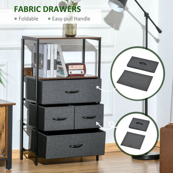 Homcom Storage Chest, Drawers Bedroom Unit Storage Cabinet With 4 Fabric Bins, Bedroom And Entryway, Black