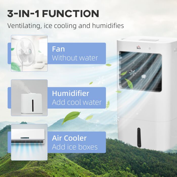 Homcom Air Cooler, Mobile Cooling Fan Humidifier Air Conditioner With 15l Water Tank, Oscillation, Remote, Timer, 32x37x74cm