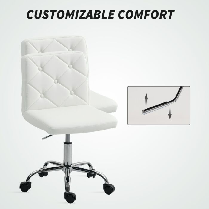Homcom Pu Leather Armless Office Chair, Modern Vanity Computer Swivel Chair With Rolling Wheels And Adjustable Height For Home Study, Bedroom, White