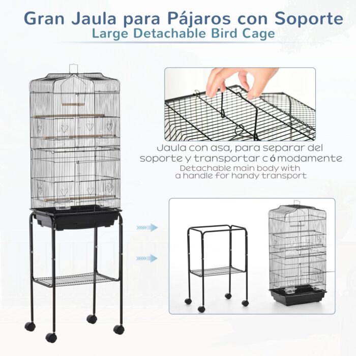 Pawhut Bird Cage Budgie Cages For Finch Canary Parakeet With Stand Wheels Slide-out Tray Accessories Storage Shelf, Black 36 X 46.5 X 157 Cm