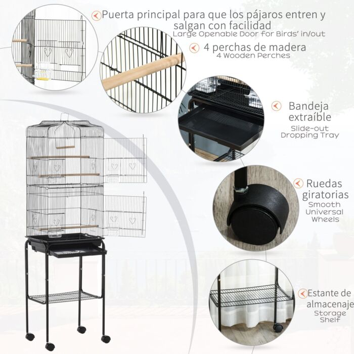 Pawhut Bird Cage Budgie Cages For Finch Canary Parakeet With Stand Wheels Slide-out Tray Accessories Storage Shelf, Black 36 X 46.5 X 157 Cm
