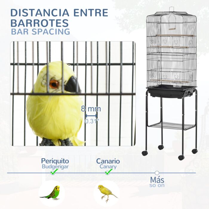 Pawhut Bird Cage Budgie Cages For Finch Canary Parakeet With Stand Wheels Slide-out Tray Accessories Storage Shelf, Black 36 X 46.5 X 157 Cm