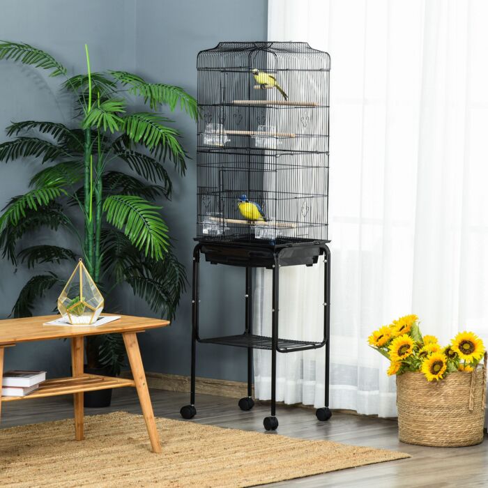 Pawhut Bird Cage Budgie Cages For Finch Canary Parakeet With Stand Wheels Slide-out Tray Accessories Storage Shelf, Black 36 X 46.5 X 157 Cm