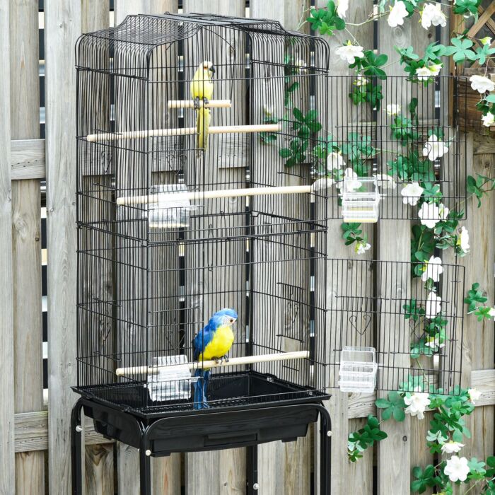 Pawhut Bird Cage Budgie Cages For Finch Canary Parakeet With Stand Wheels Slide-out Tray Accessories Storage Shelf, Black 36 X 46.5 X 157 Cm