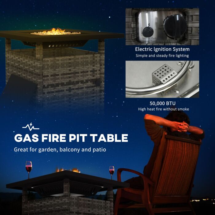 Outsunny Outdoor Pe Rattan Fire Pits, 50,000 Btu Propane Fire Pit Table With Glass Wind Guard, Mixed Grey