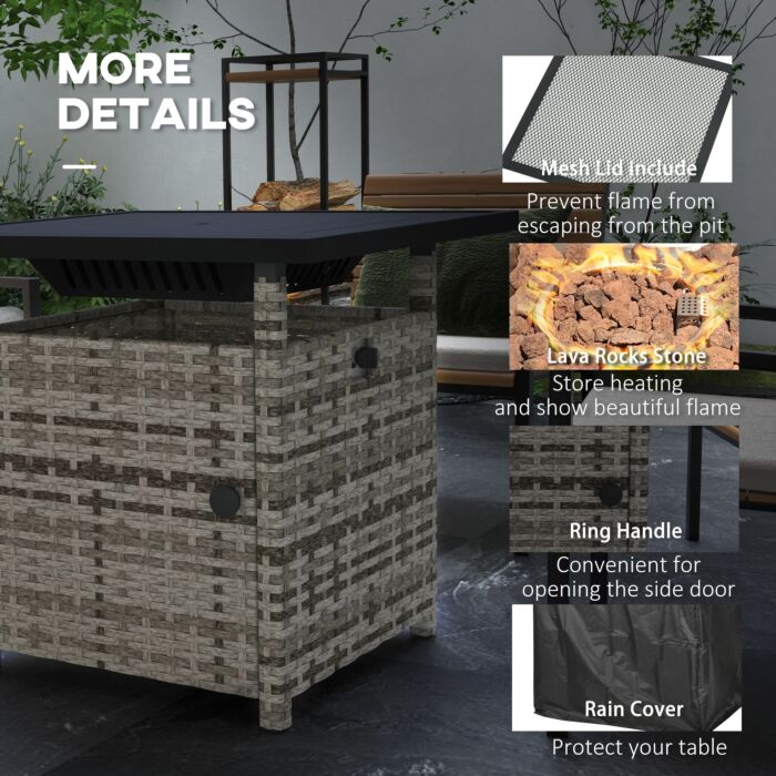 Outsunny Outdoor Pe Rattan Fire Pits, 50,000 Btu Propane Fire Pit Table With Glass Wind Guard, Mixed Grey