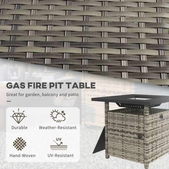 Outsunny Outdoor Pe Rattan Fire Pits, 50,000 Btu Propane Fire Pit Table With Glass Wind Guard, Mixed Grey