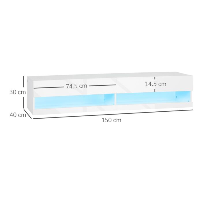 Homcom Wall Mounted Tv Unit Cabinet For Tvs Up To 65" With Led Lights, 150 X 40 X 30cm, High Gloss White
