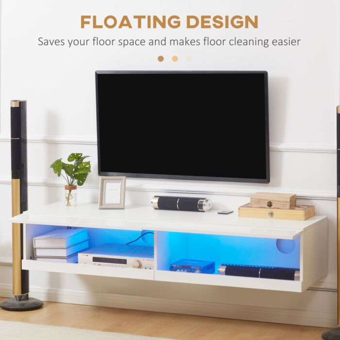Homcom Wall Mounted Tv Unit Cabinet For Tvs Up To 65" With Led Lights, 150 X 40 X 30cm, High Gloss White