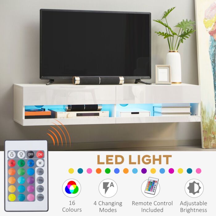 Homcom Wall Mounted Tv Unit Cabinet For Tvs Up To 65" With Led Lights, 150 X 40 X 30cm, High Gloss White