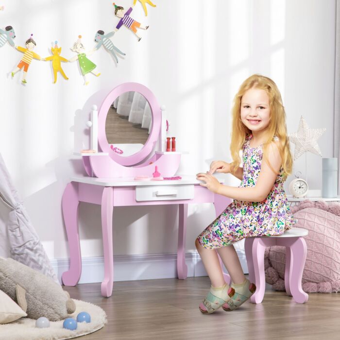 Zonekiz Kids Dressing Table Set Kids Vanity Set Girl Makeup Desk With Mirror Stool Drawer Round Legs For 3-6 Years Old, Pink