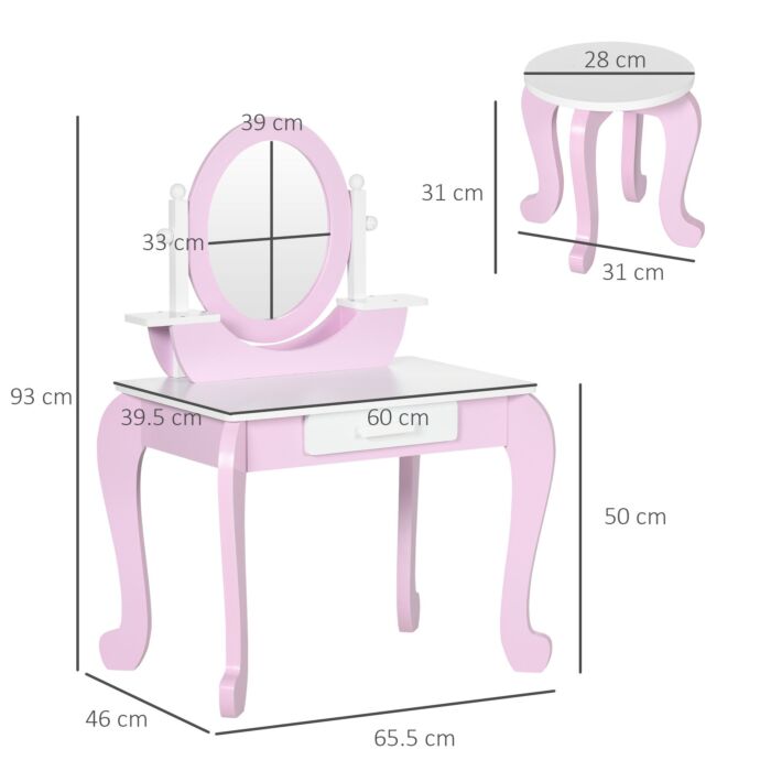 Zonekiz Kids Dressing Table Set Kids Vanity Set Girl Makeup Desk With Mirror Stool Drawer Round Legs For 3-6 Years Old, Pink