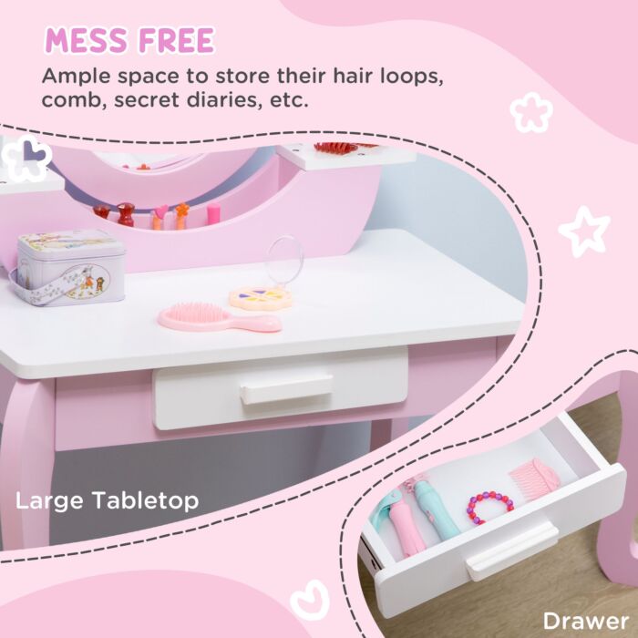 Zonekiz Kids Dressing Table Set Kids Vanity Set Girl Makeup Desk With Mirror Stool Drawer Round Legs For 3-6 Years Old, Pink