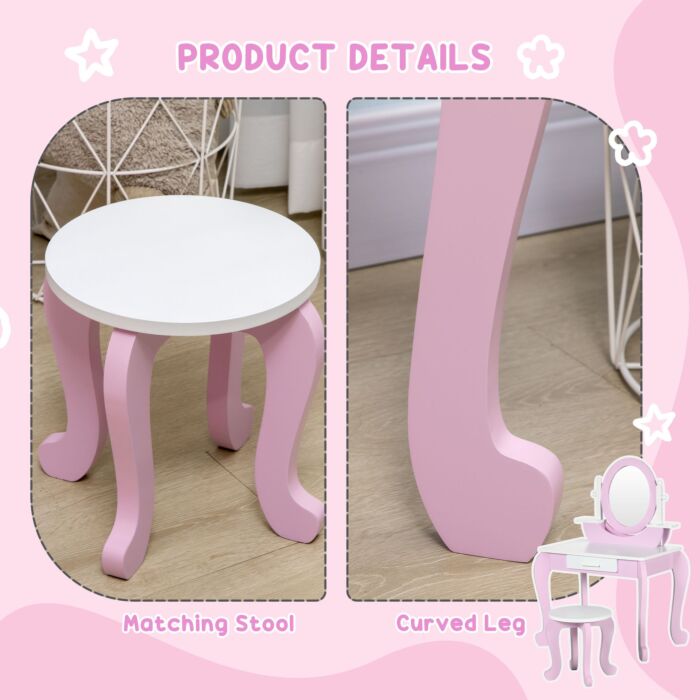 Zonekiz Kids Dressing Table Set Kids Vanity Set Girl Makeup Desk With Mirror Stool Drawer Round Legs For 3-6 Years Old, Pink