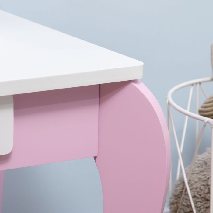 Zonekiz Kids Dressing Table Set Kids Vanity Set Girl Makeup Desk With Mirror Stool Drawer Round Legs For 3-6 Years Old, Pink