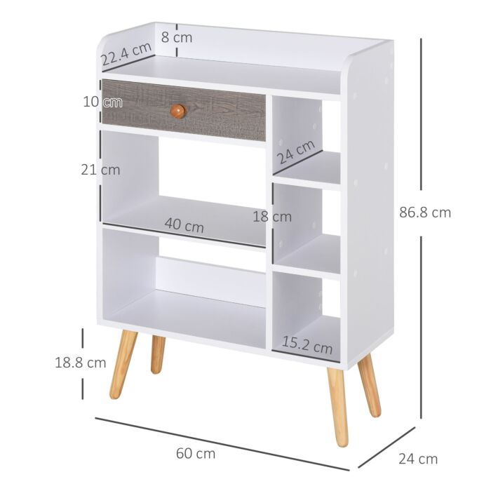 Homcom Multi-shelf Modern Bookcase Freestanding Storage W/ Drawer 6 Shelves Wood Legs Home Office Display Furniture Stylish White Grey