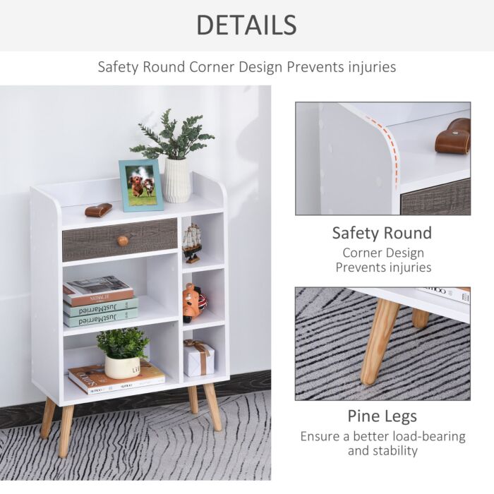 Homcom Multi-shelf Modern Bookcase Freestanding Storage W/ Drawer 6 Shelves Wood Legs Home Office Display Furniture Stylish White Grey