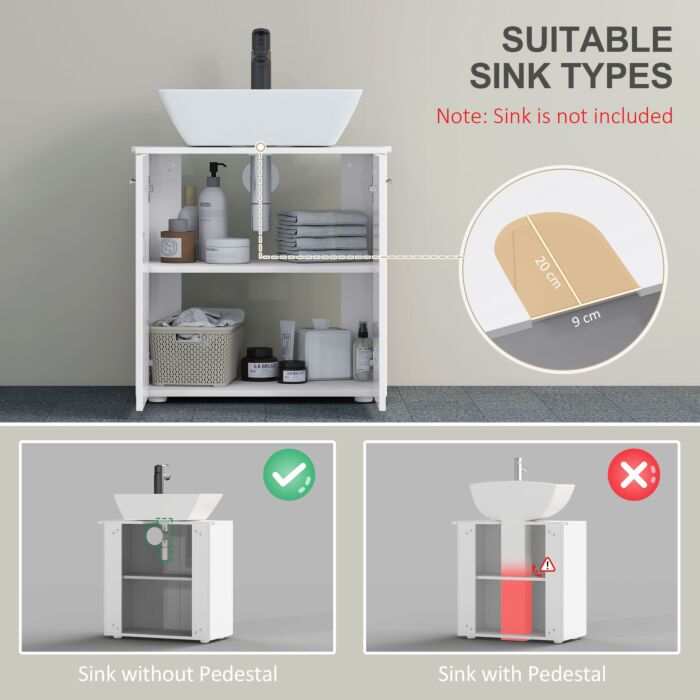 Kleankin Under Sink Cabinet, Bathroom Vanity Unit, Pedestal Under Sink Design, Storage Cupboard With Adjustable Shelf, White