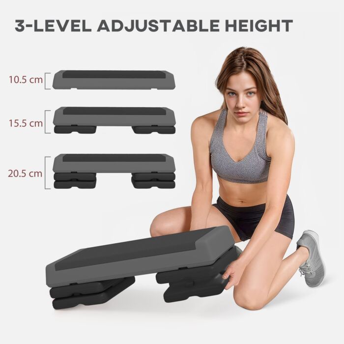 Sportnow Fitness Stepper, 3-height Adjustable Aerobic Step, Non-slip Exercise Step Board For Home Gym Office Workout, 10.5cm, 15.5cm, 20.5cm, Grey