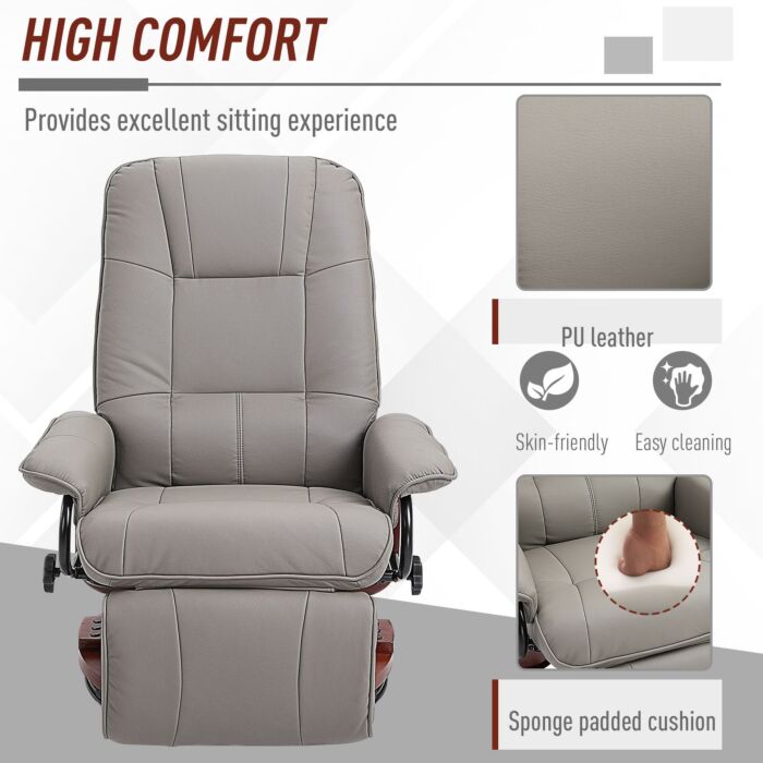 Homcom Manual Recliner Chair Armchair Sofa With Faux Leather Upholstered Wooden Base For, Grey