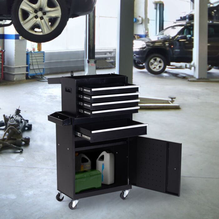 Durhand Tool Chest 2 In 1 Metal Tool Cabinet Storage Box With 5 Drawers Pegboard Wheels 60x28x104.5cm Black