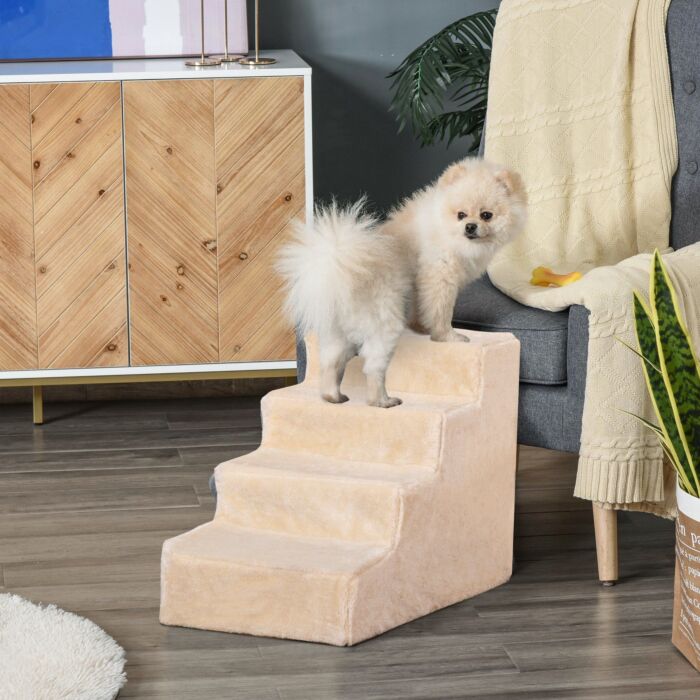 Pawhut Dog Steps 4-steps Design With Washable Plush Cover For High Bed Sofa, Dog Stairs For Small Dog And Cat