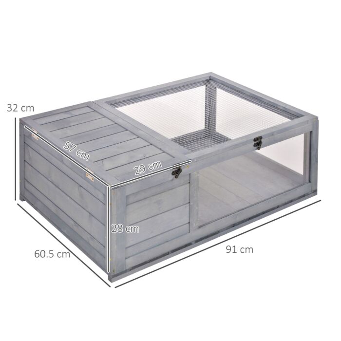 Pawhut Tortoise House With Mesh Roof, Small Pet Reptile Wooden House, Tortoise Enclosure With Pulled-out Side Panel, Grey