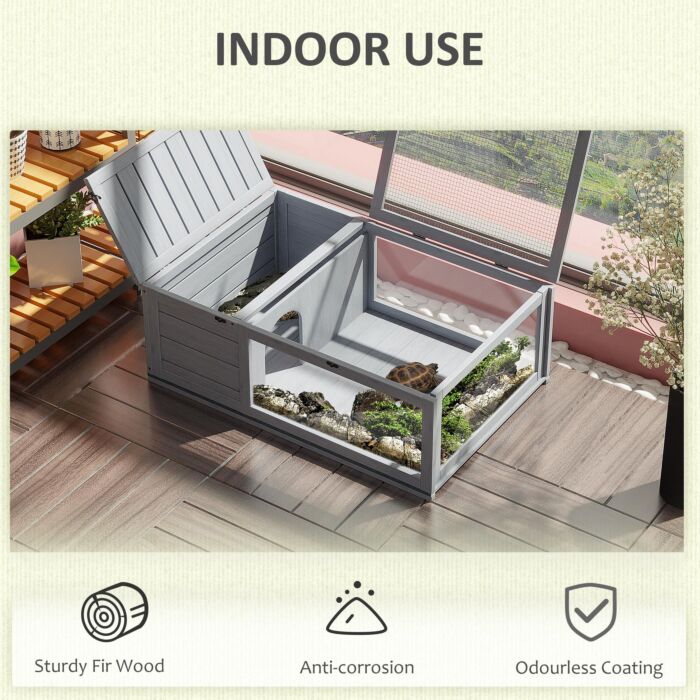 Pawhut Tortoise House With Mesh Roof, Small Pet Reptile Wooden House, Tortoise Enclosure With Pulled-out Side Panel, Grey