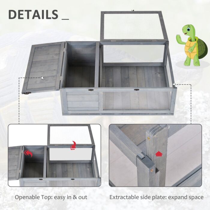Pawhut Tortoise House With Mesh Roof, Small Pet Reptile Wooden House, Tortoise Enclosure With Pulled-out Side Panel, Grey