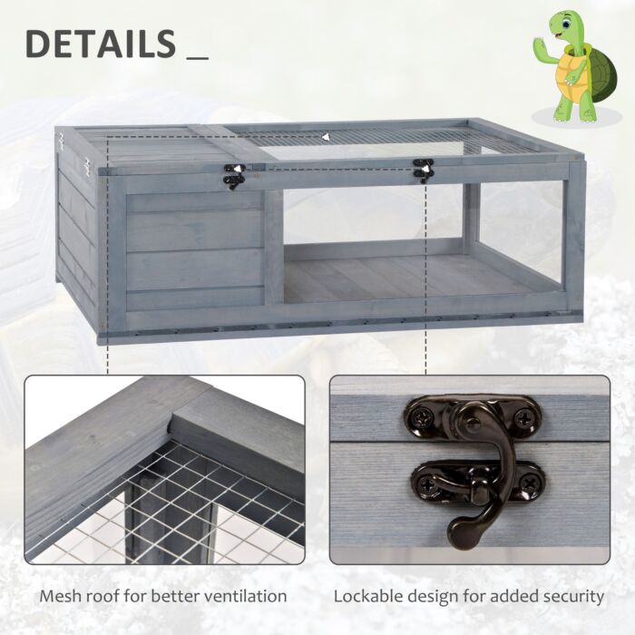 Pawhut Tortoise House With Mesh Roof, Small Pet Reptile Wooden House, Tortoise Enclosure With Pulled-out Side Panel, Grey